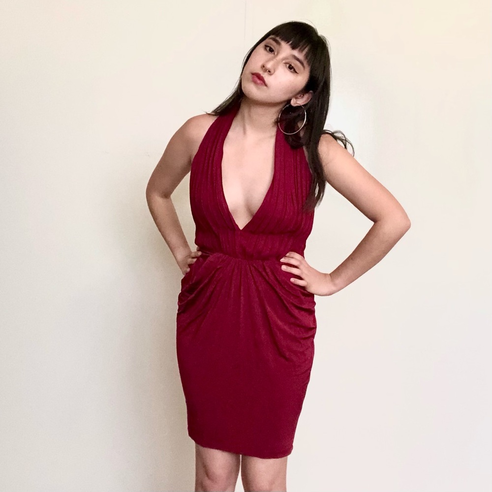 Bebe Red Draped Halter Dress
